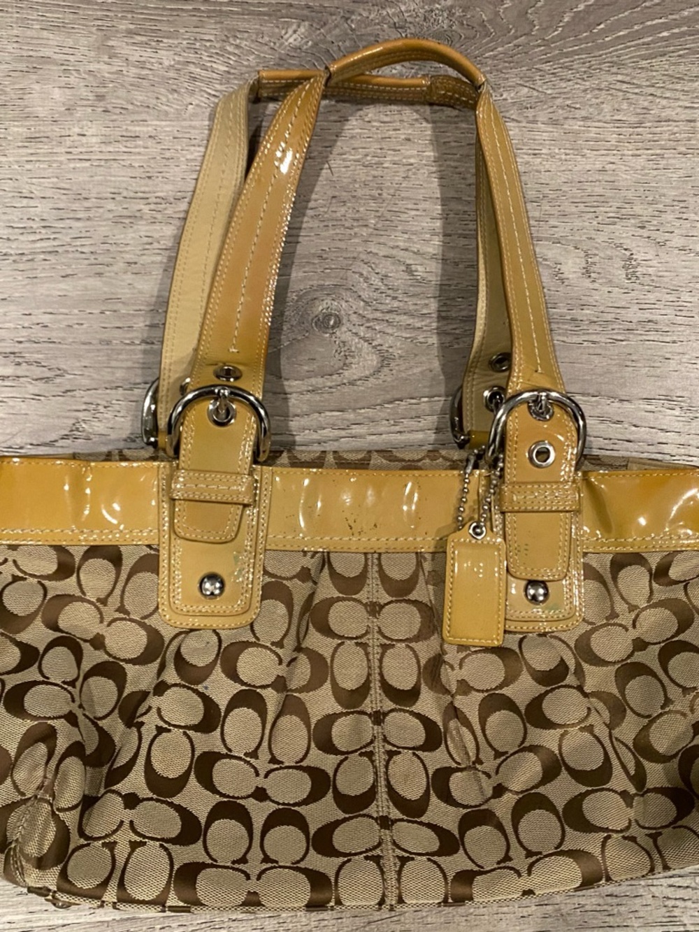 Coach Brown Signature Canvas Tote with Mustard Patent Trim